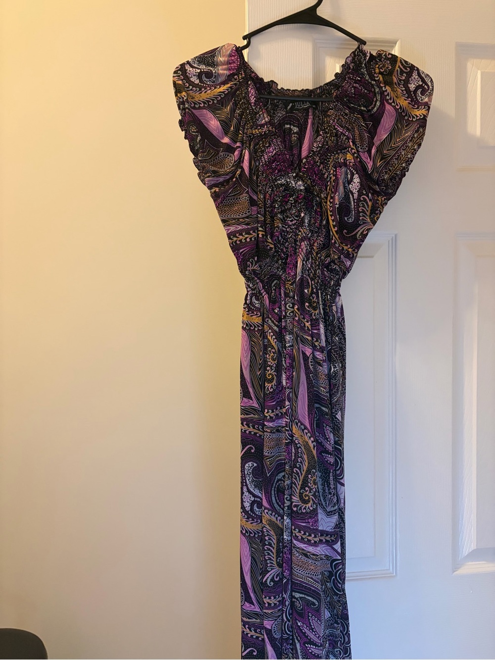 Smocked Paisley Maxi Dress in Purple and Black